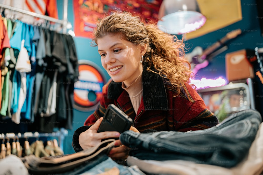 Una mujer está mirando un teléfono celular en una tienda de ropa