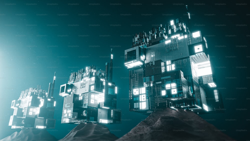밤의 미래 도시를 컴퓨터로 생성한 이미지