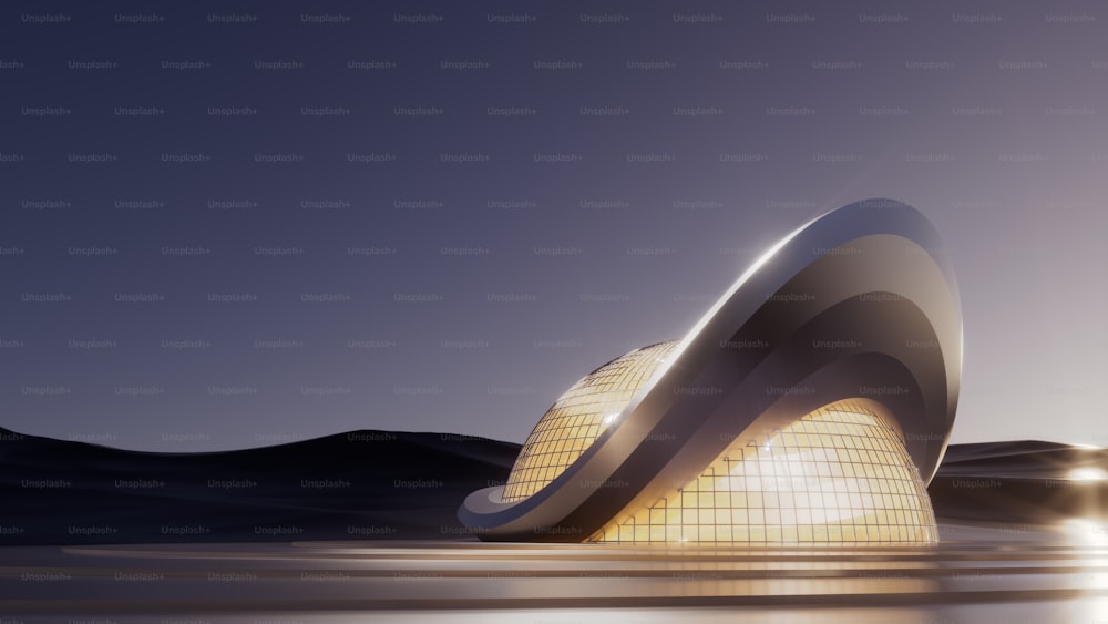 a futuristic building in the middle of a desert