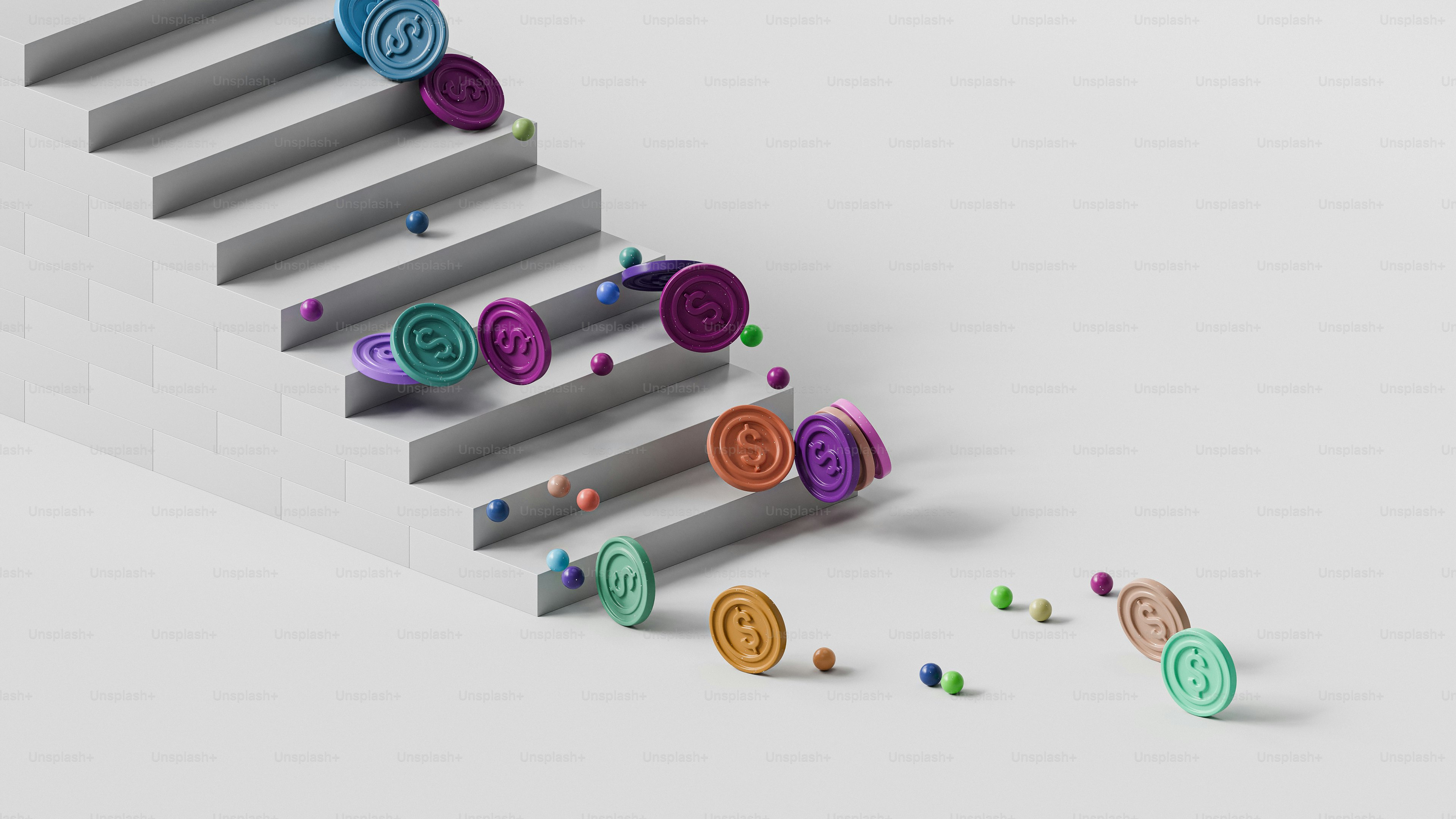 Ein 3D-Rendering einer Treppe aus Münzen