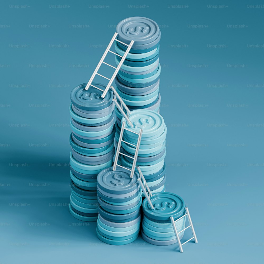 a stack of blue and white plates with a ladder