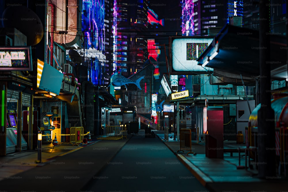 a city street at night with neon lights