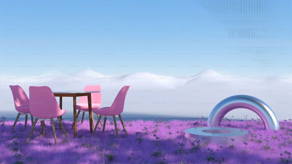 a table and chairs in a field of purple flowers