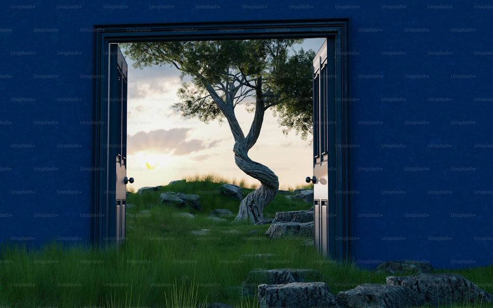 an open door with a tree in the middle of it