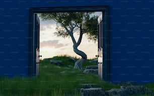 an open door with a tree in the middle of it
