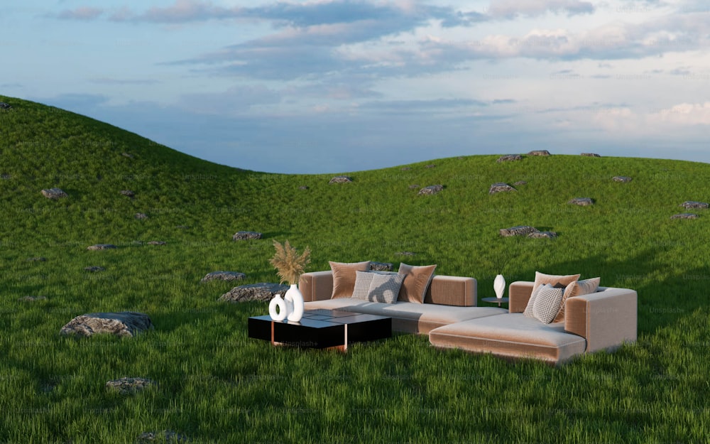 a couch sitting on top of a lush green field