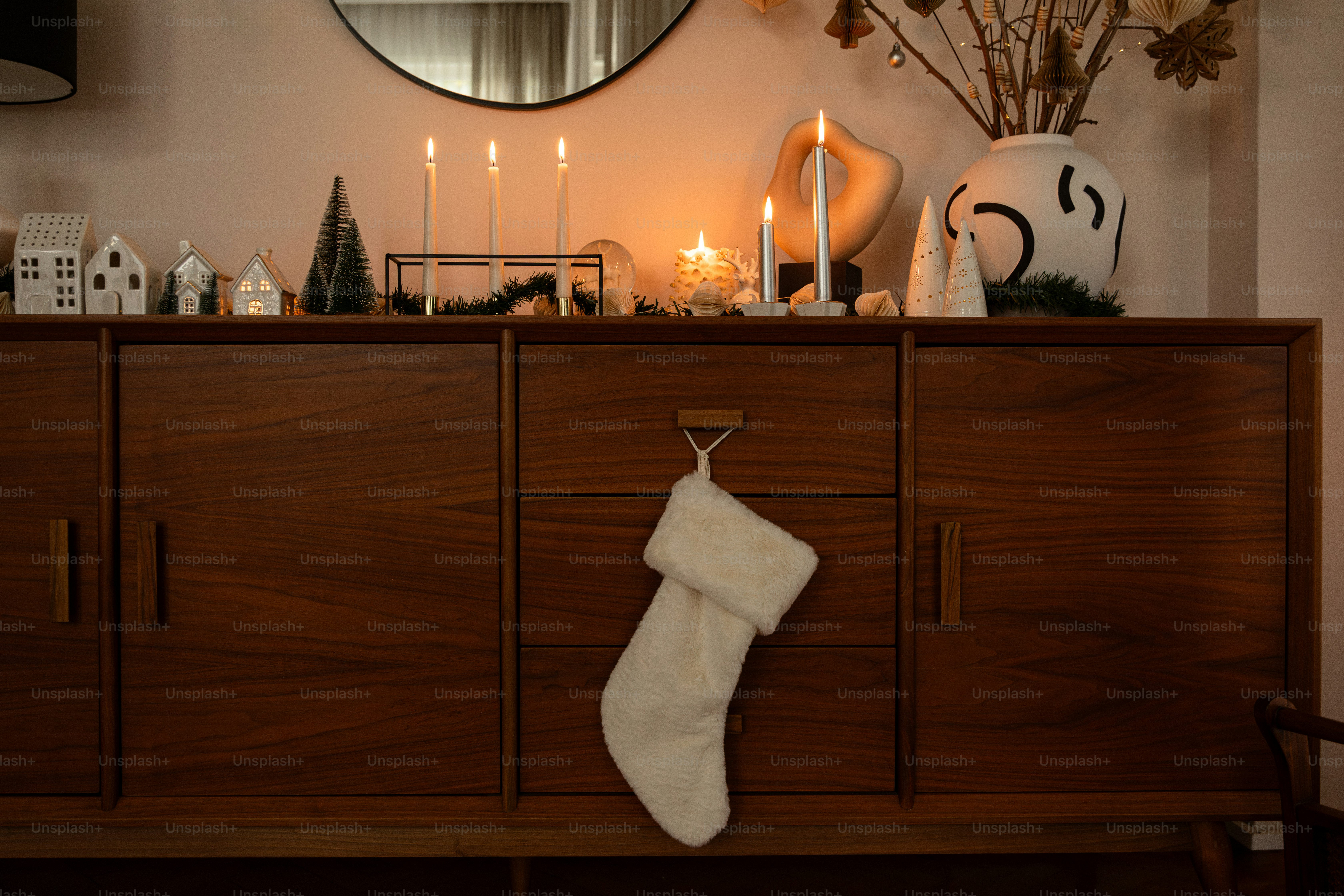 a christmas stocking hanging on a dresser
