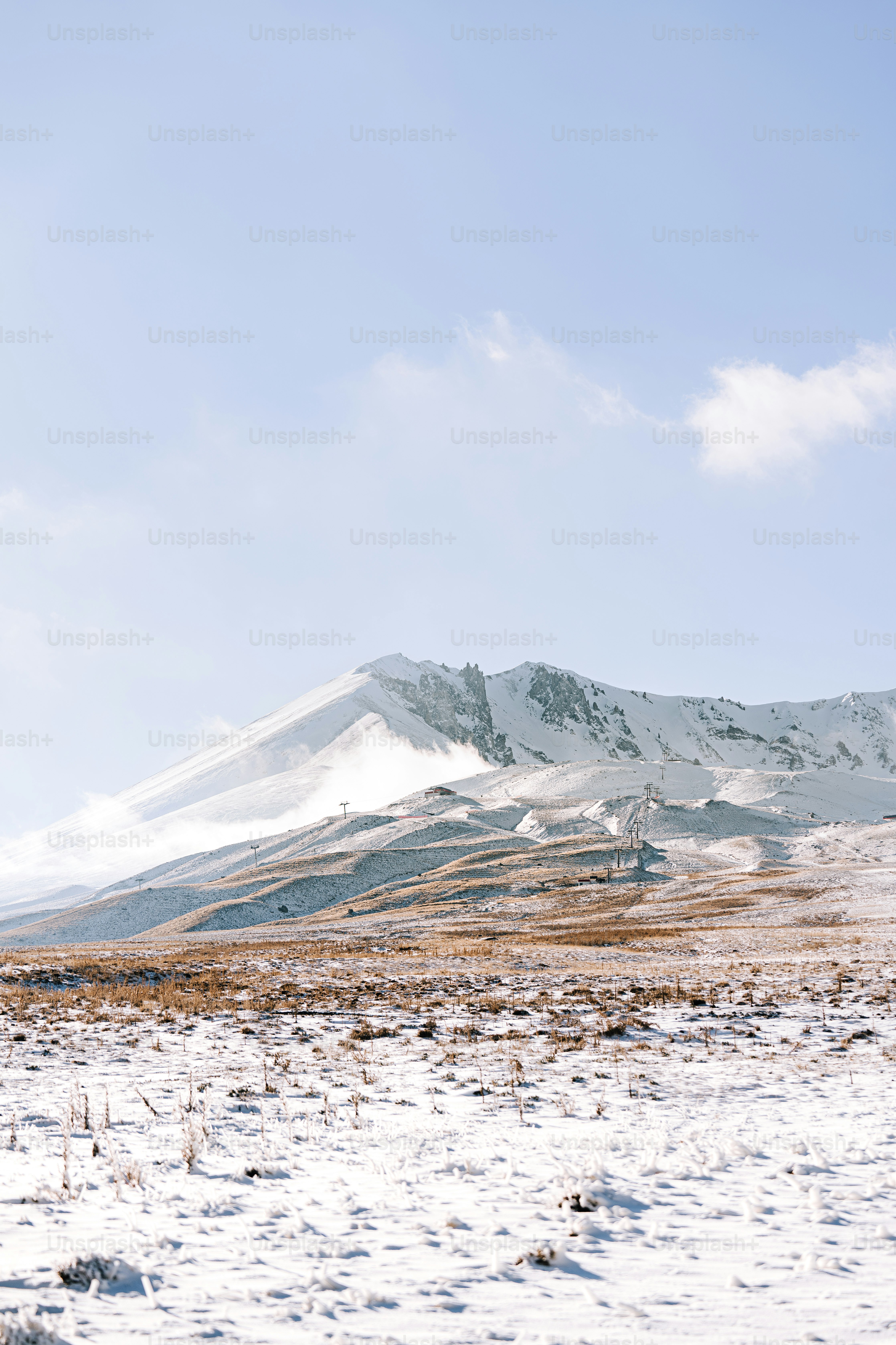 Un paesaggio innevato con una montagna sullo sfondo
