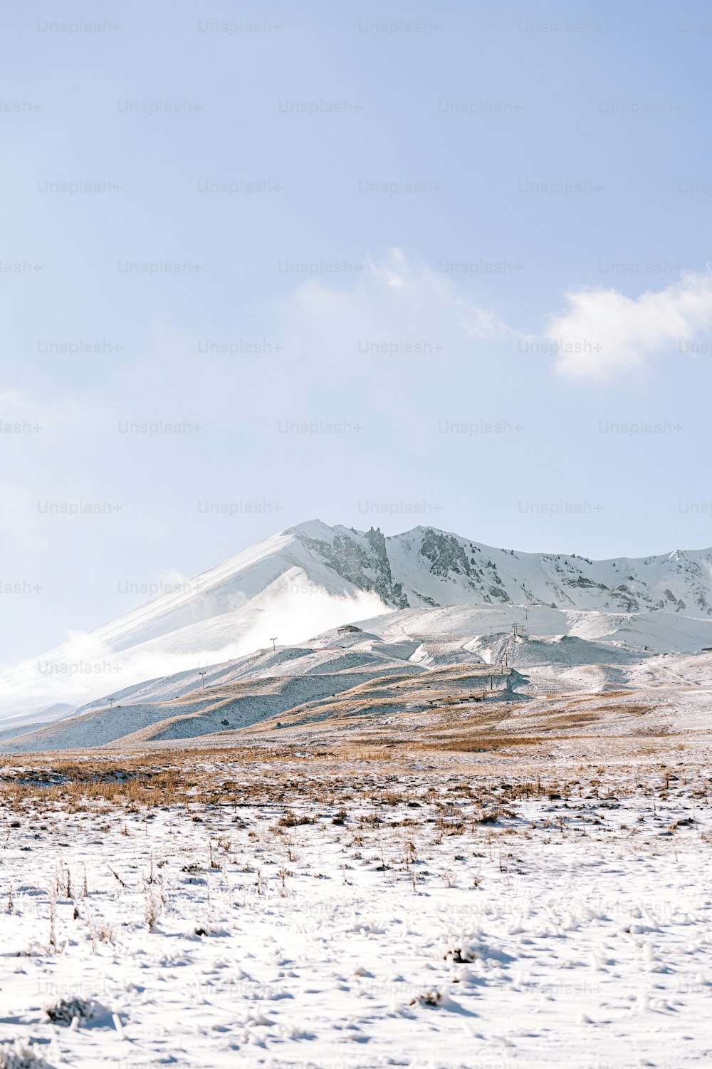 Un paesaggio innevato con una montagna sullo sfondo