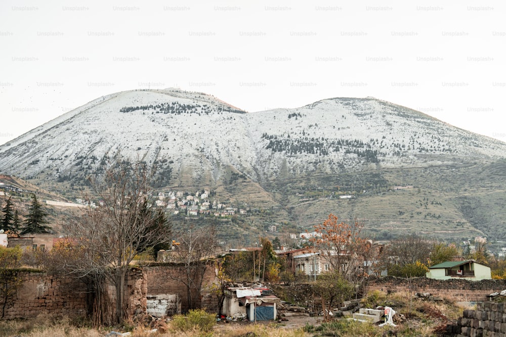 a snow covered mountain is in the distance