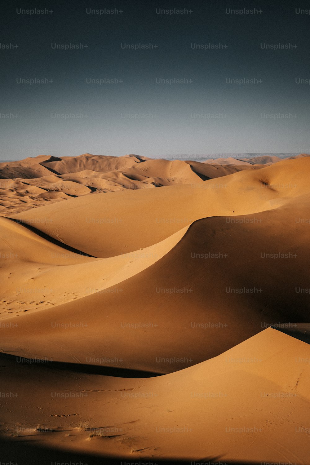 a desert landscape with sand dunes and mountains