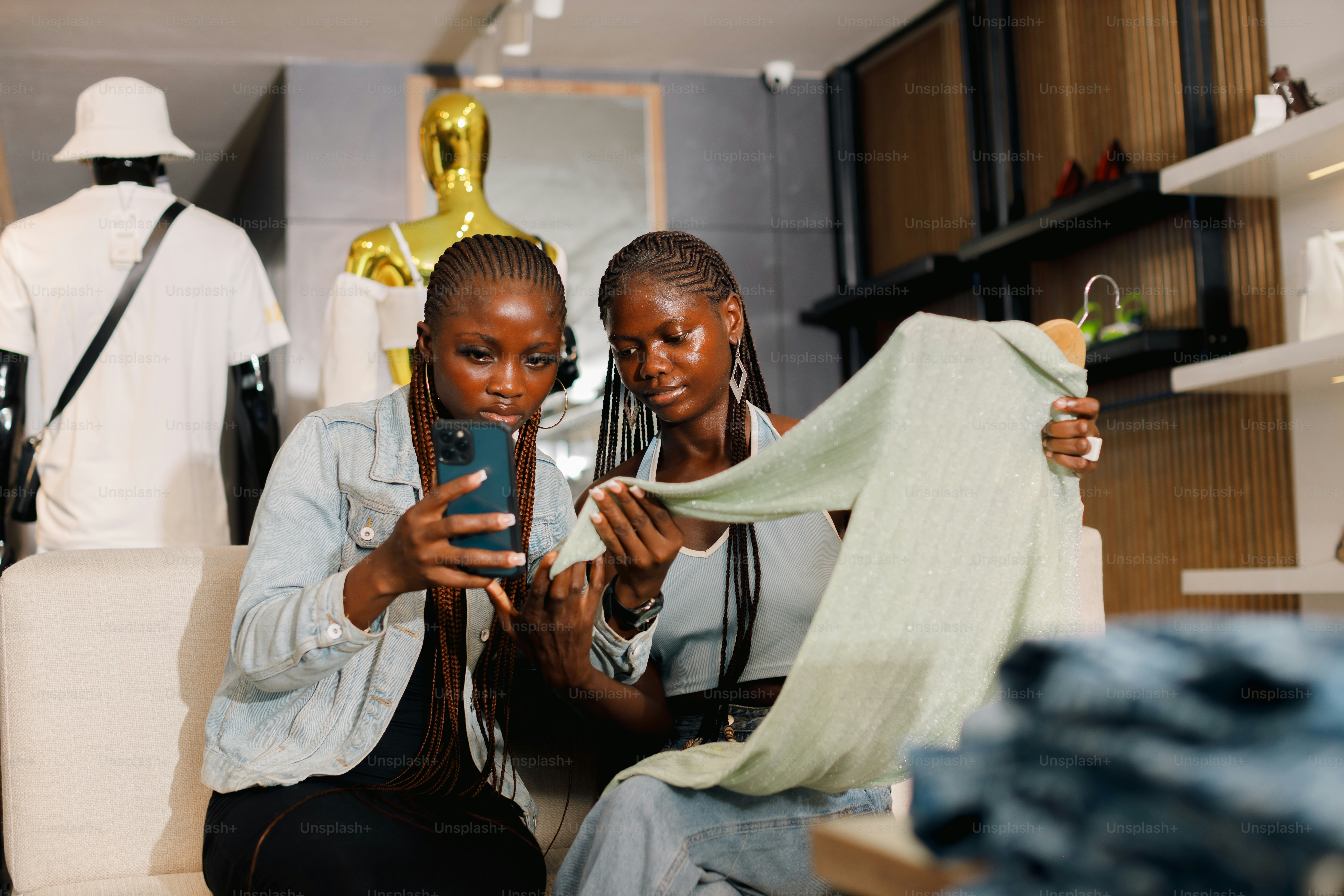 two women sitting on a couch looking at a cell phone