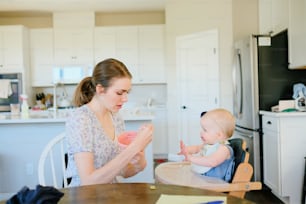 uma mulher alimentando um bebê com um prato rosa