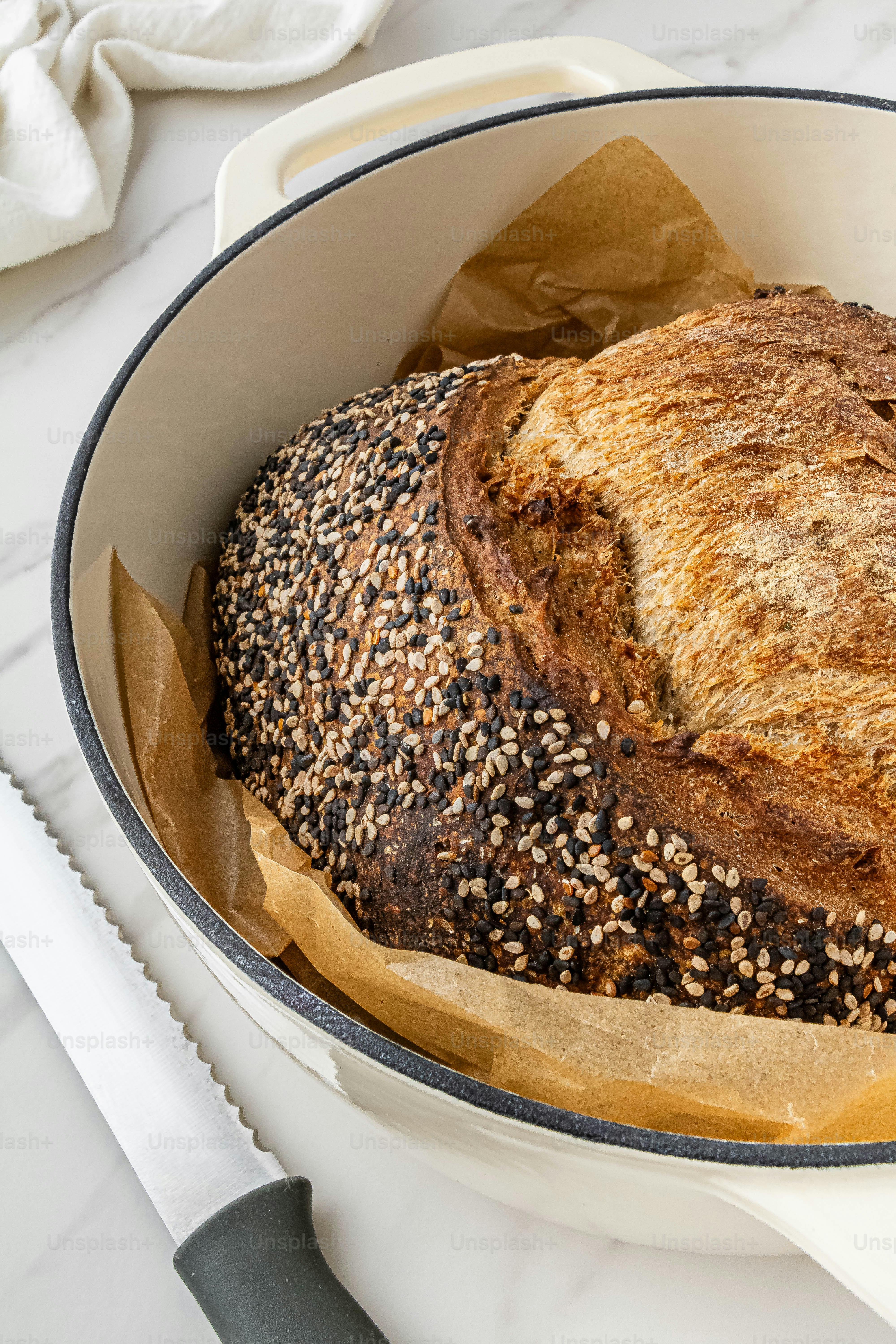 a loaf of bread sitting inside of a bowl