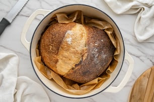 鍋の中に置かれた一斤のパン