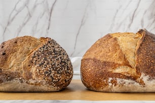 two loaves of bread sitting on top of a counter