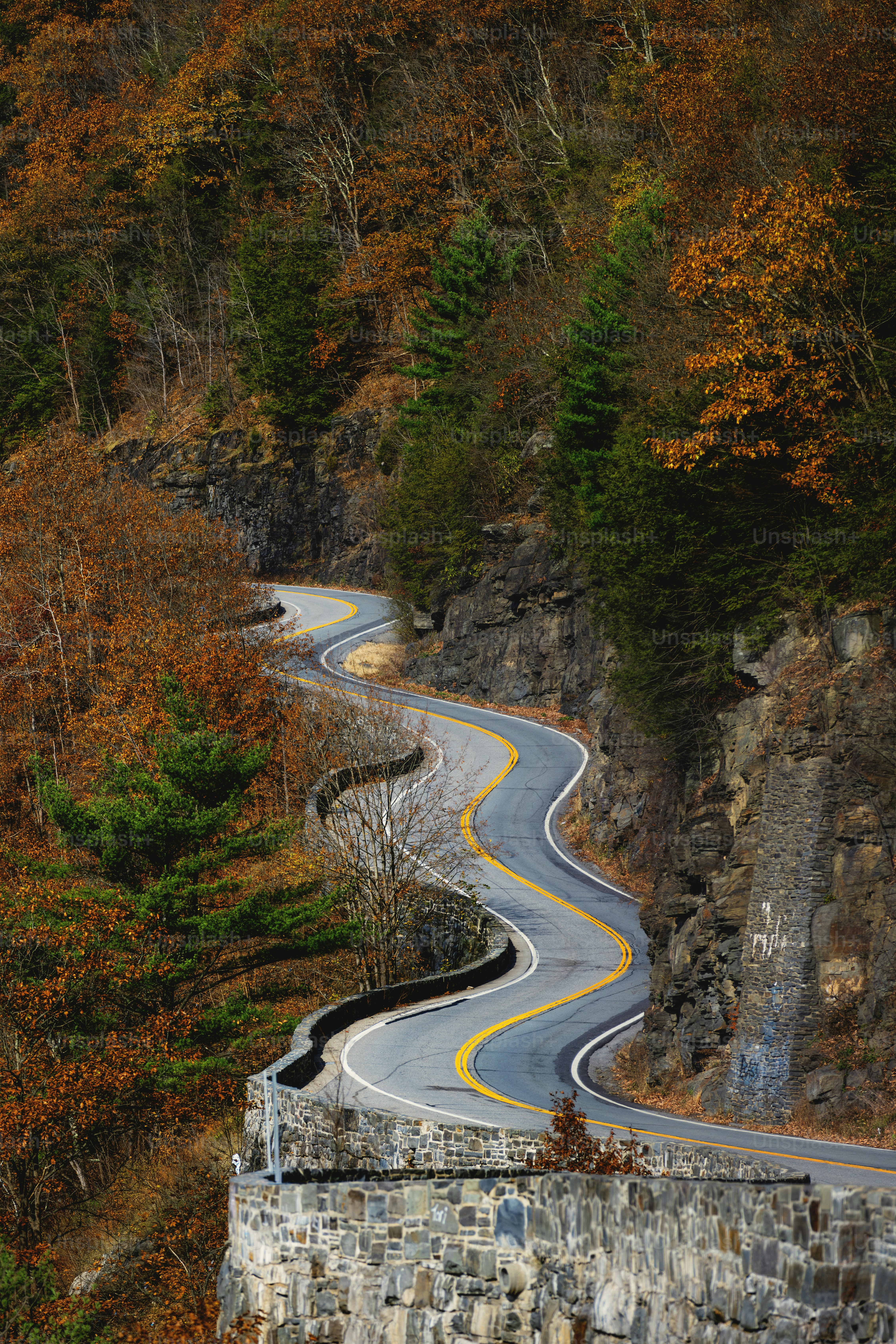 a winding road in the mountains surrounded by trees