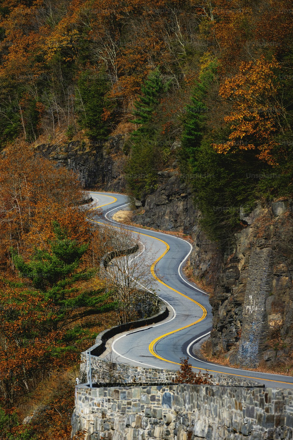 a winding road in the mountains surrounded by trees