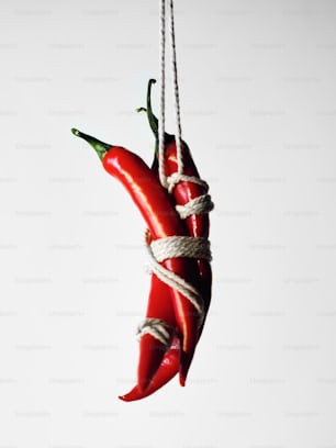 a red hot pepper hanging from a rope