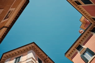 a view of a building from the ground looking up at the sky