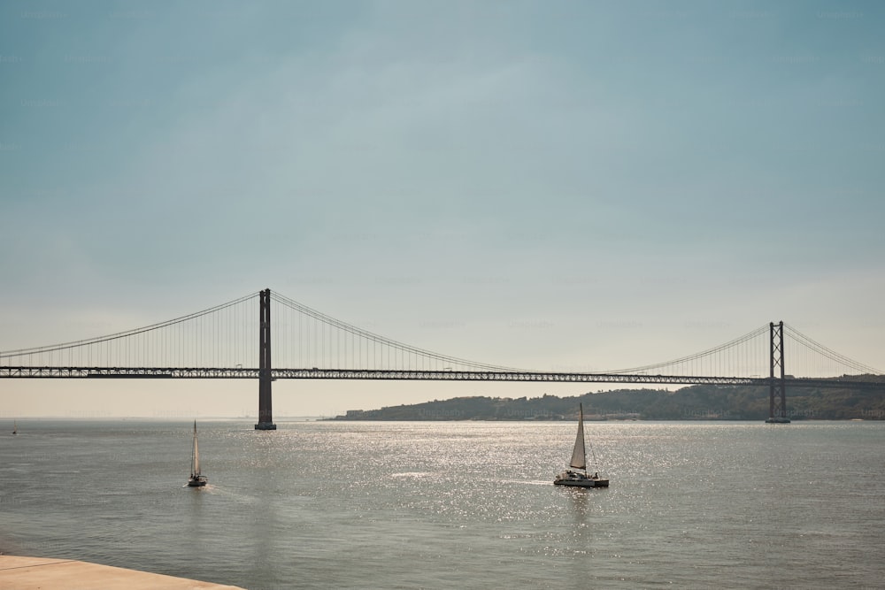 a sailboat in the water with a bridge in the background