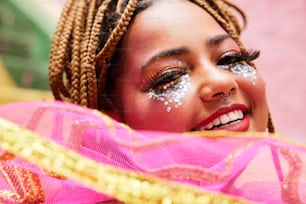 a close up of a person with makeup on