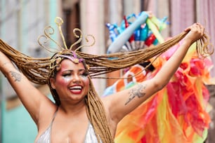 a woman with long hair wearing a costume