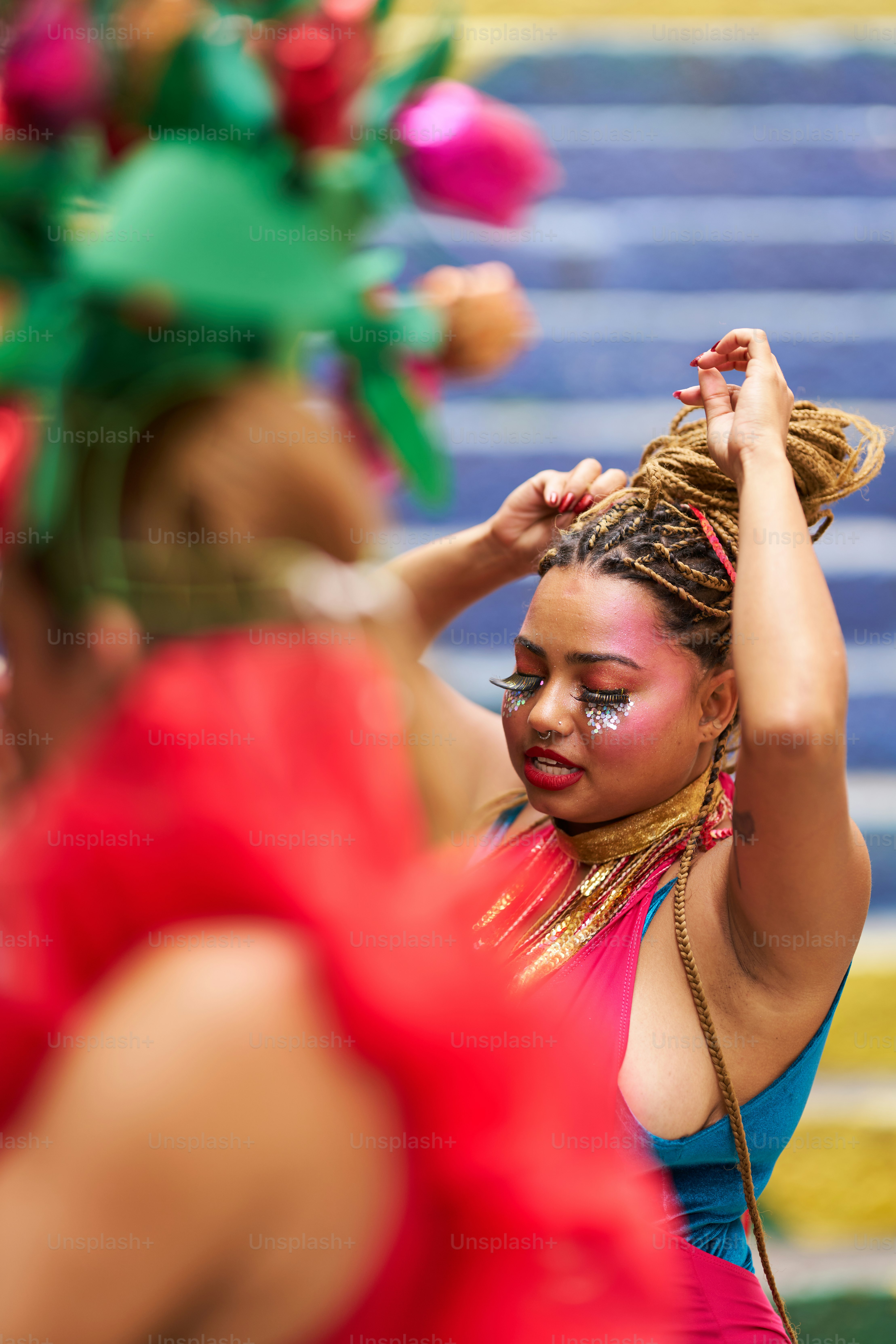 a woman in a red dress is doing something