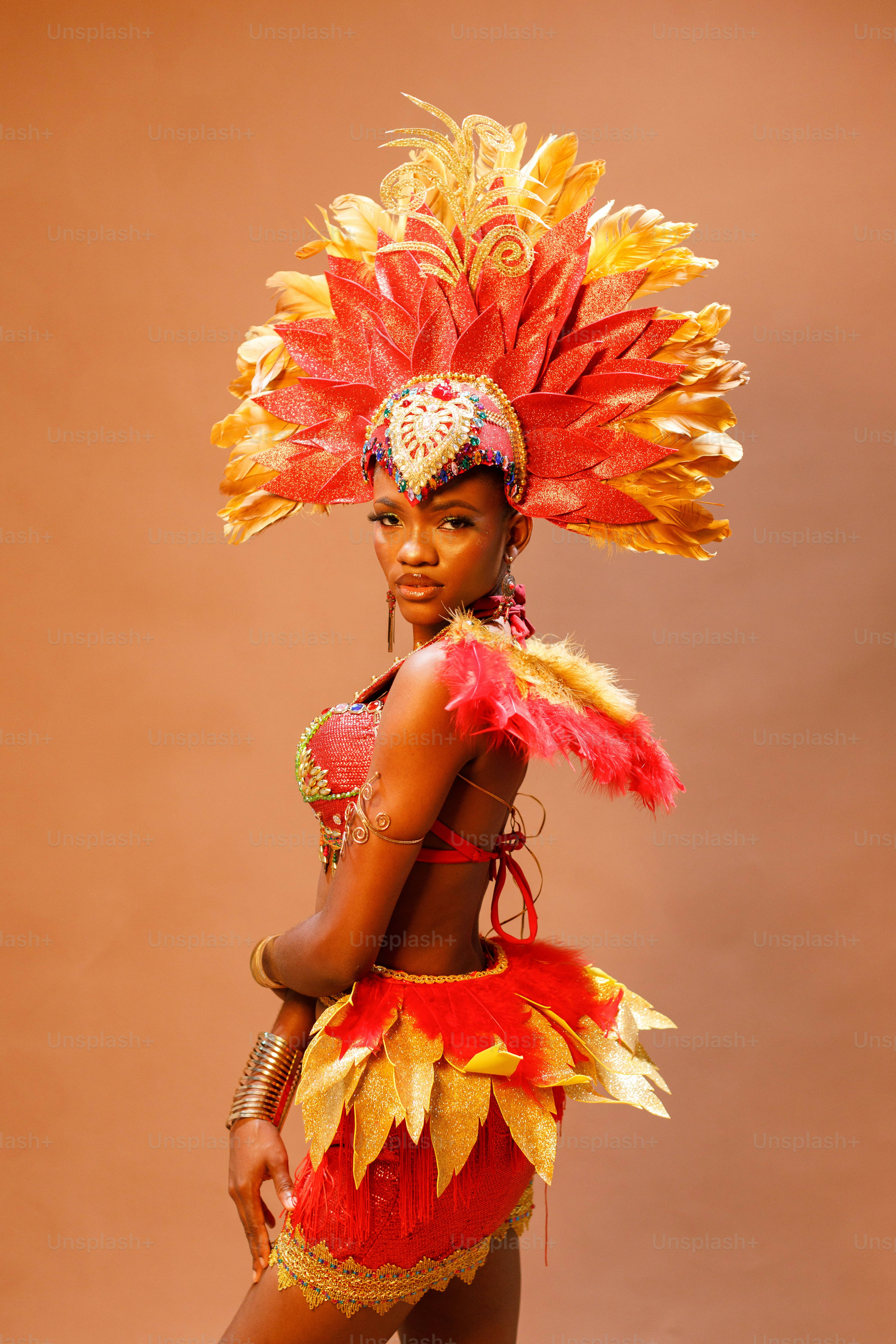 a woman in a red and yellow costume