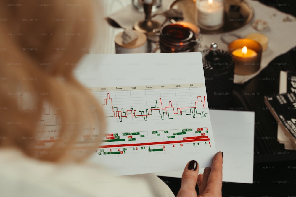 a woman holding a piece of paper with a chart on it