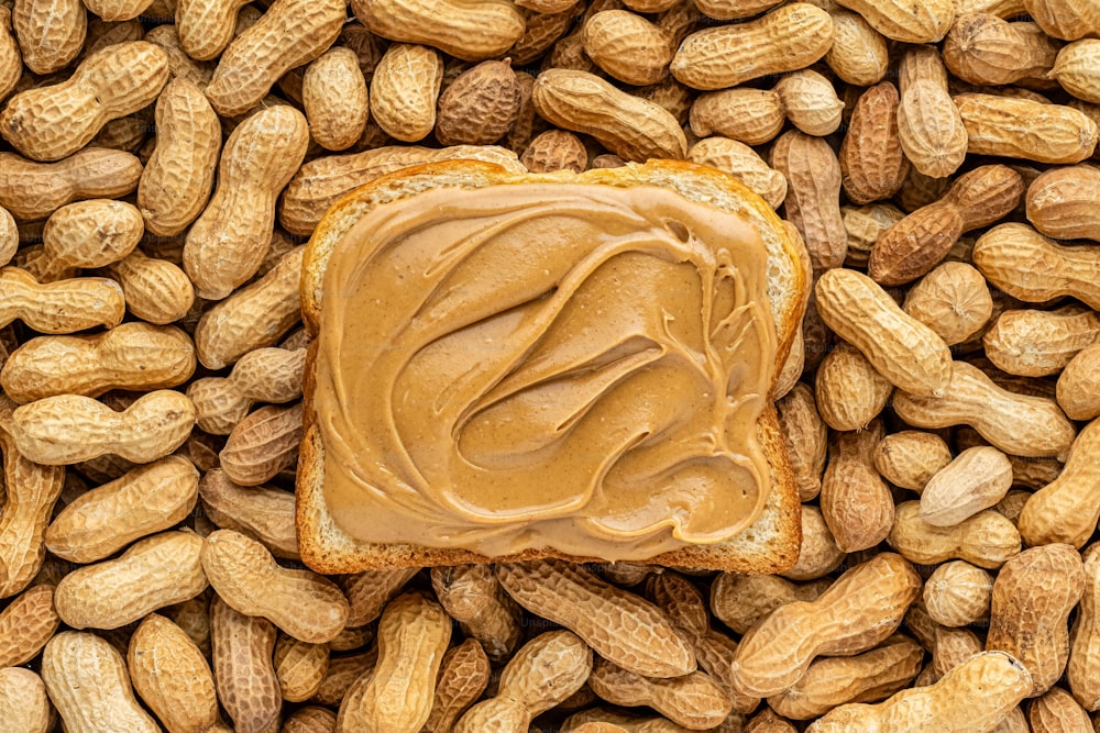 peanut butter spread on a piece of bread surrounded by peanuts