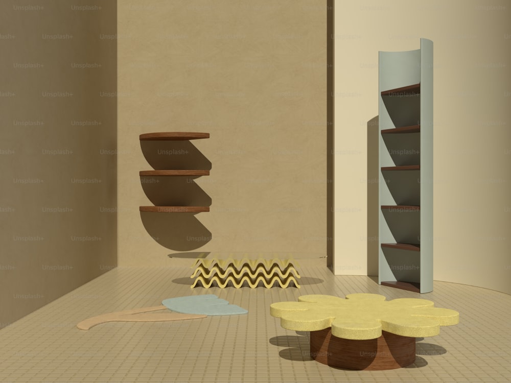 a room with shelves, a table, and a vase