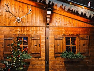 a wooden building with a christmas tree in front of it