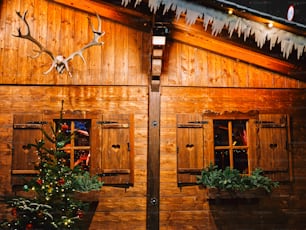 a wooden building with a christmas tree in front of it