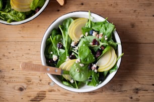 a salad with apples, spinach, cranberries, and feta cheese