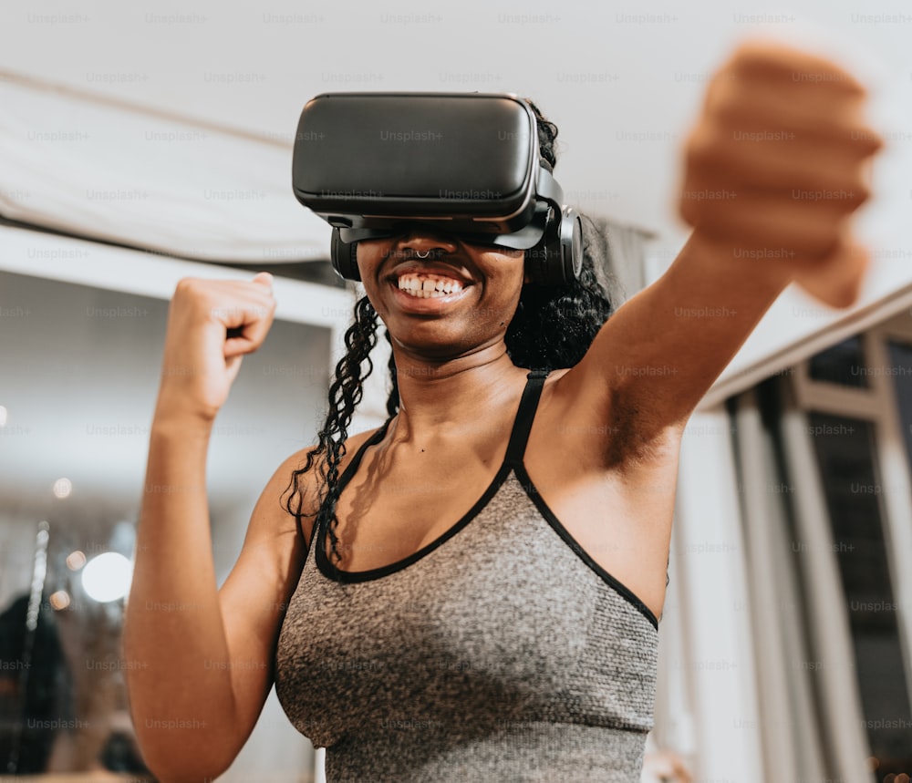 a woman wearing a virtual reality headset