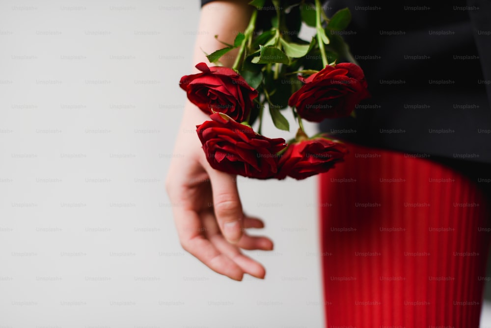 uma pessoa segurando um ramo de rosas nas mãos