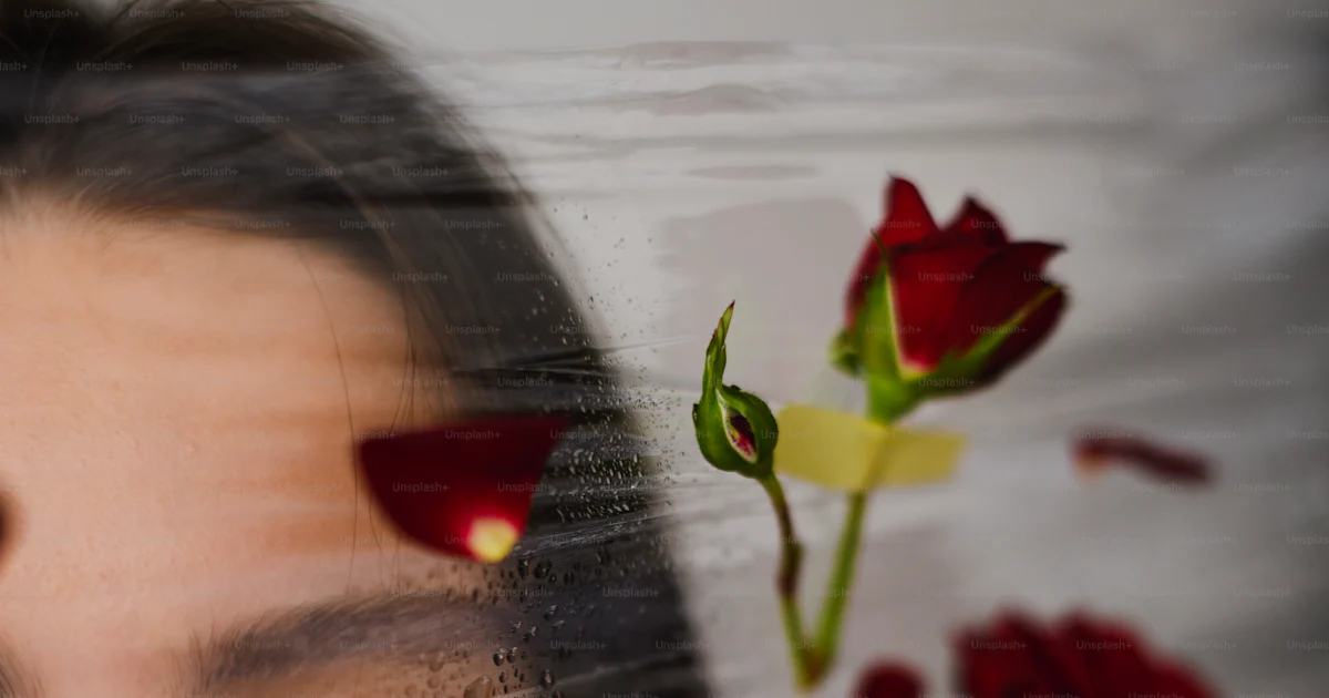 A woman with her eyes closed and roses in front of her face photo – Red ...