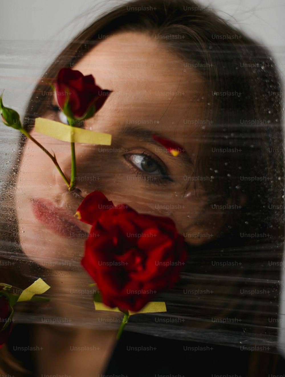 赤い薔薇を顔の後ろに抱えている女性