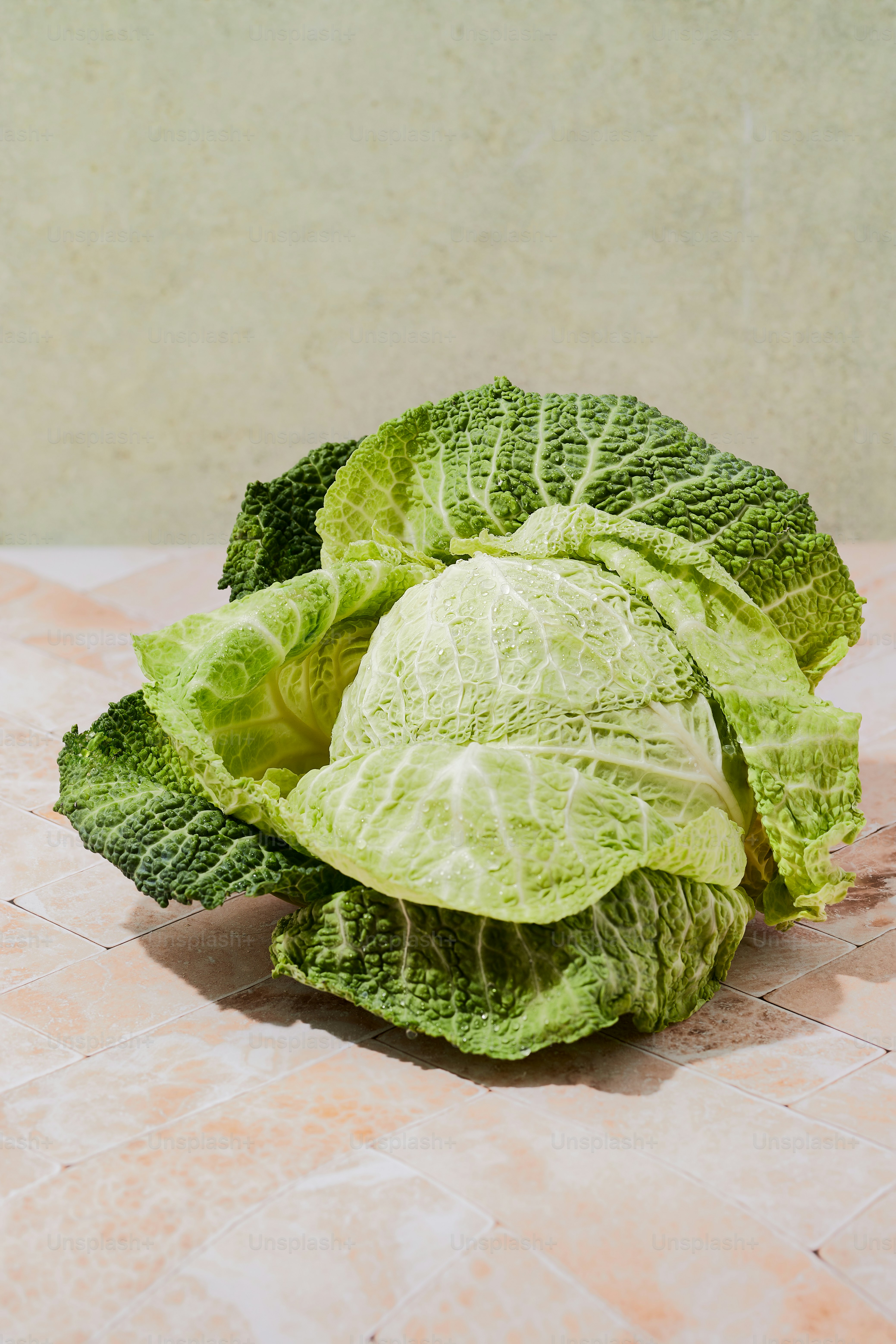 un cespio di lattuga seduto sopra un tavolo