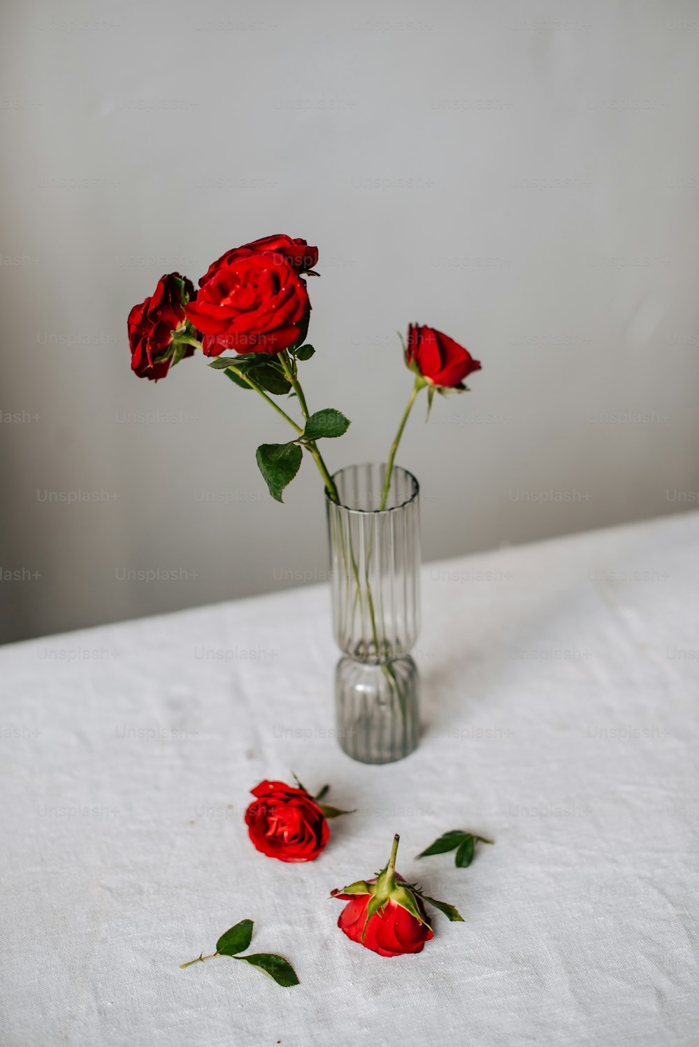 un jarrón de cristal lleno de rosas rojas encima de una mesa