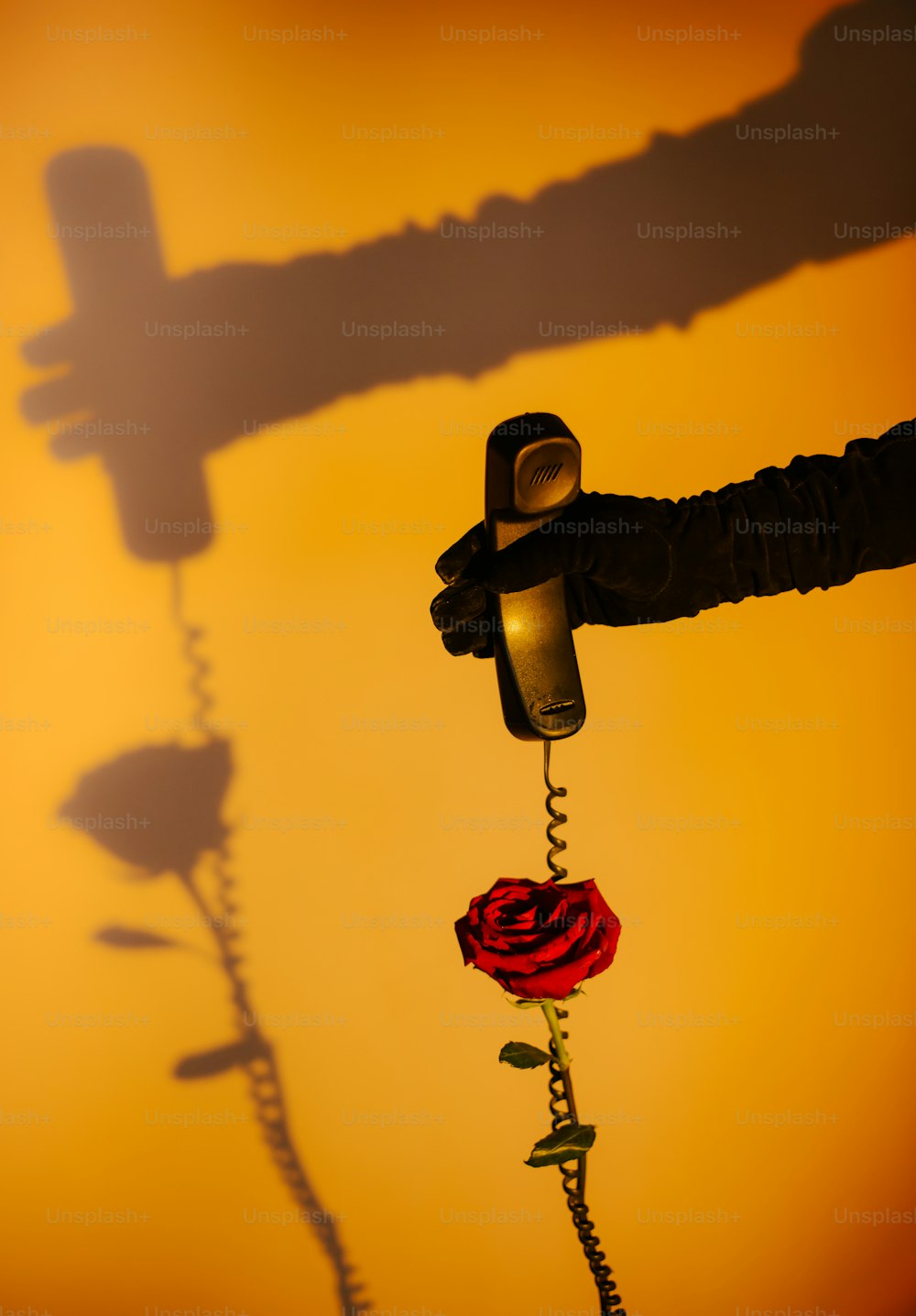 una sombra de una persona sosteniendo un teléfono con una rosa adherida a él