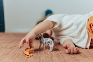 a baby playing with a toy zebra on the floor