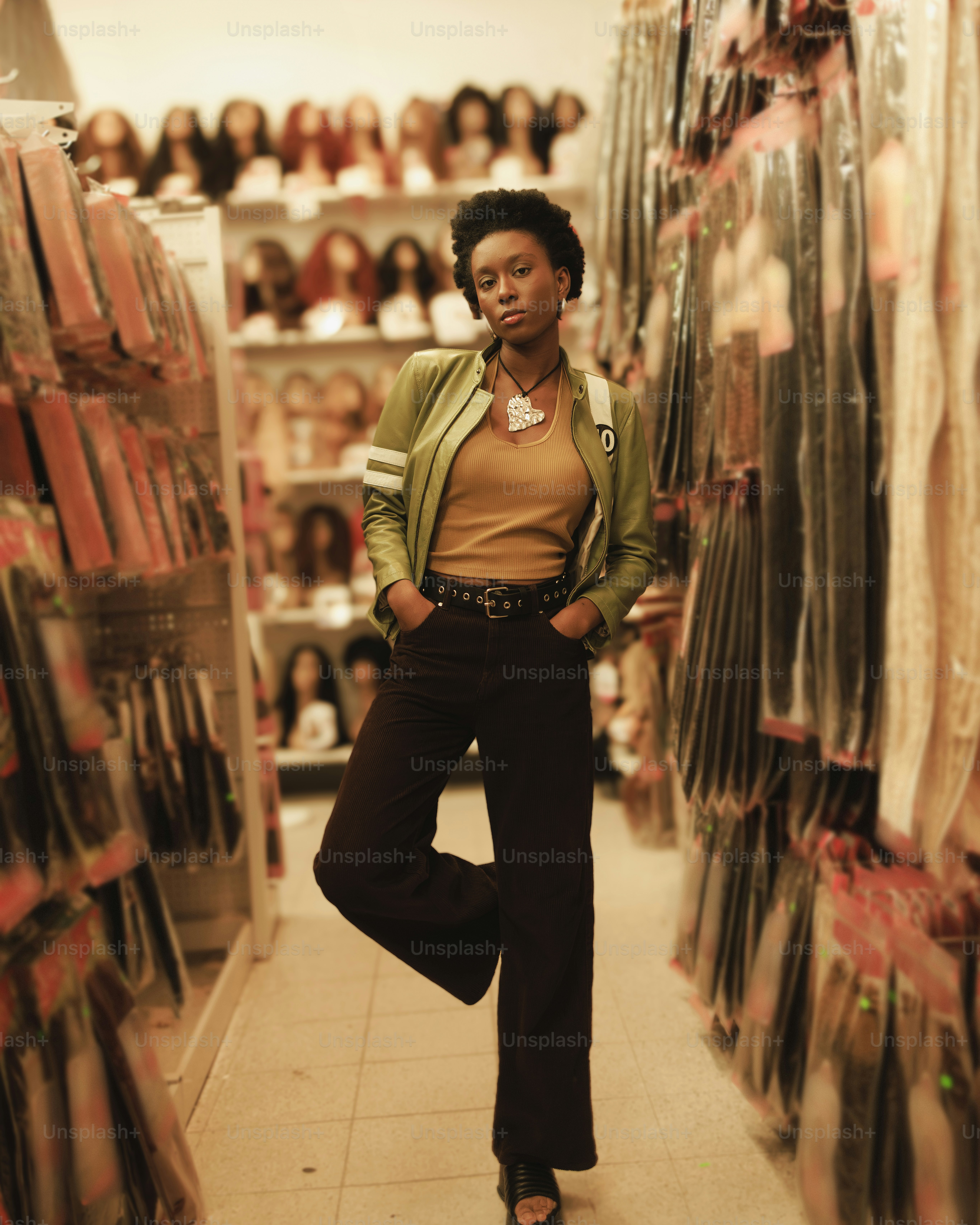 a woman standing in a store with her legs crossed