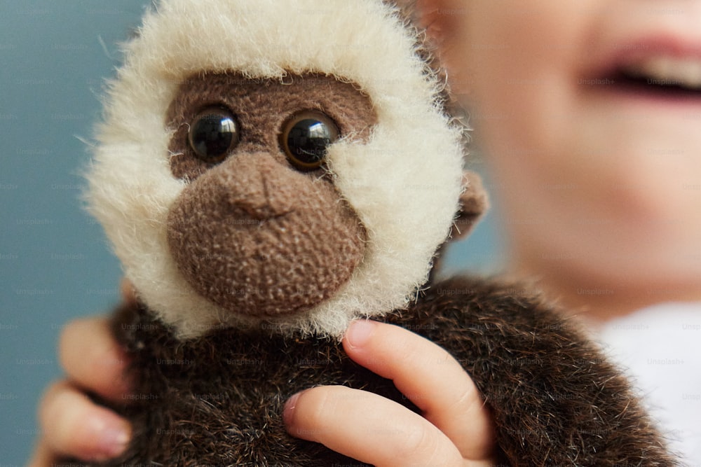 a close up of a person holding a stuffed animal
