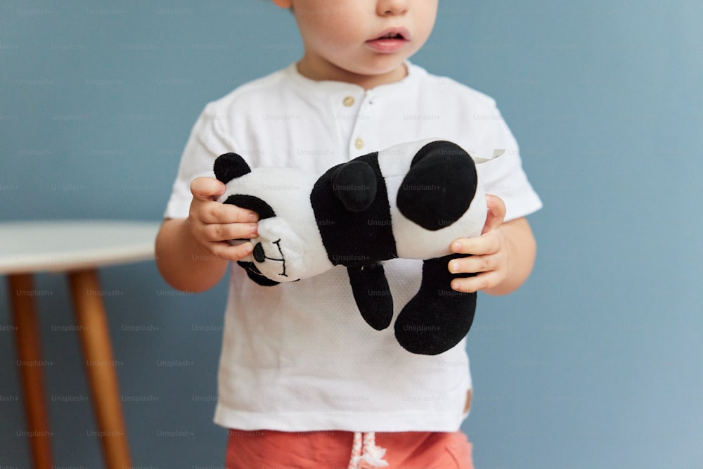 Un niño pequeño sosteniendo un animal de peluche en sus manos
