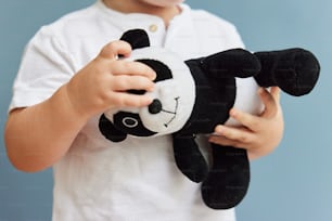 a young boy holding a stuffed panda bear