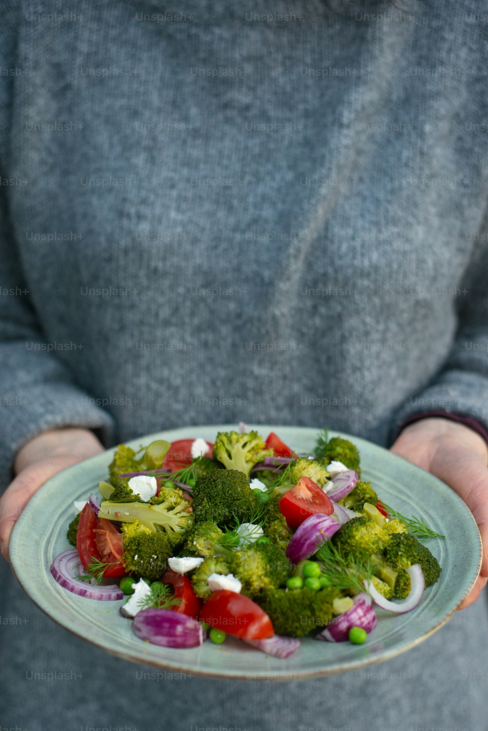 a person holding a plate of broccoli and tomatoes