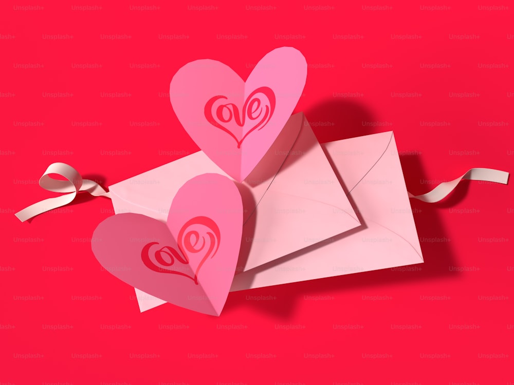 deux coeurs en papier sur le dessus d’une enveloppe