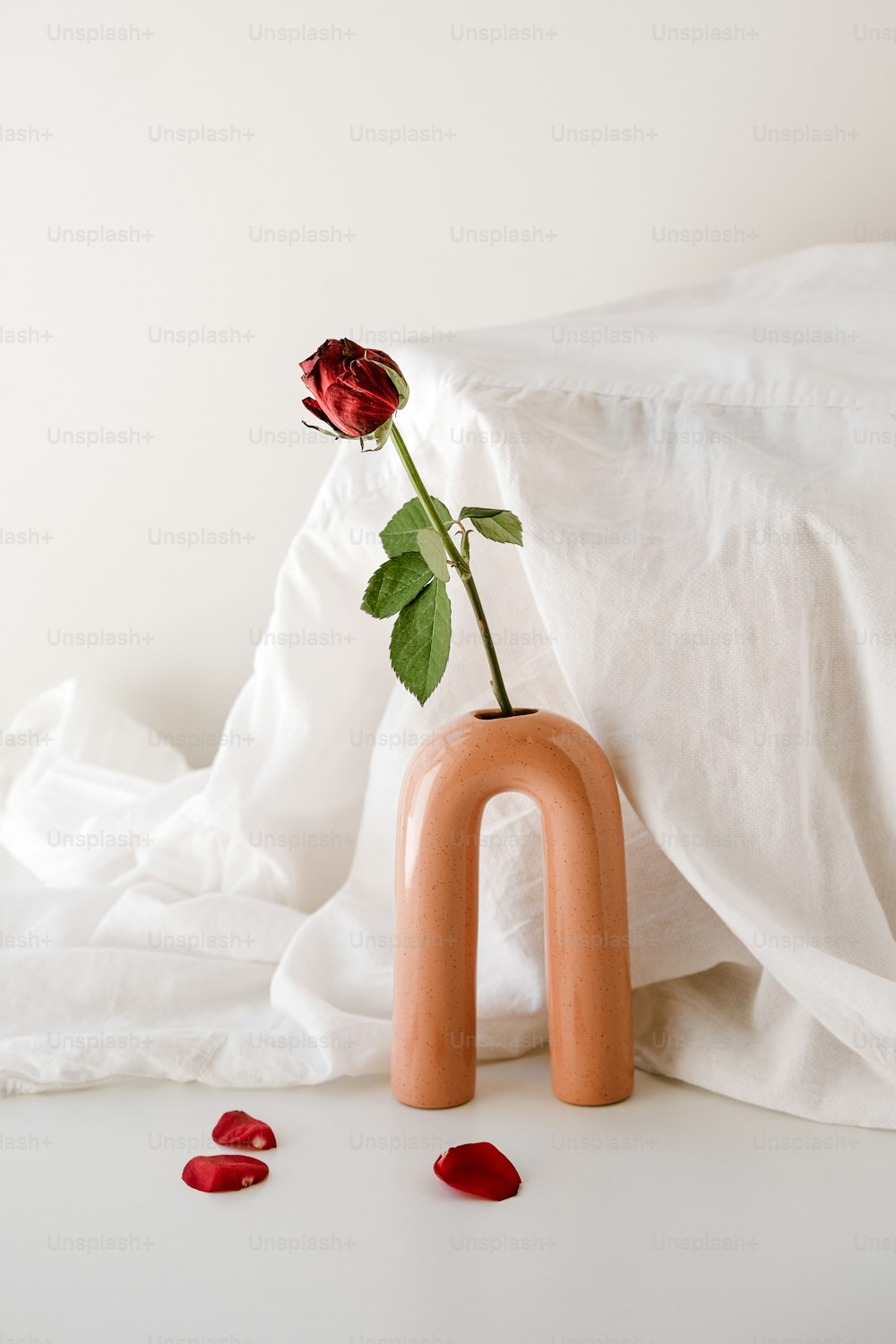 a single rose in a vase on a bed